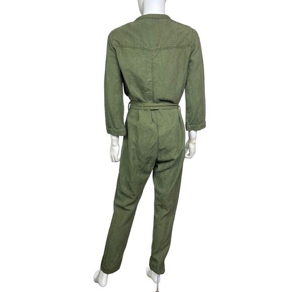 Cotelac Women's 1 Army Green Linen Blend Tie Snap Straight Leg Jumpsuit EUC - Picture 2 of 4